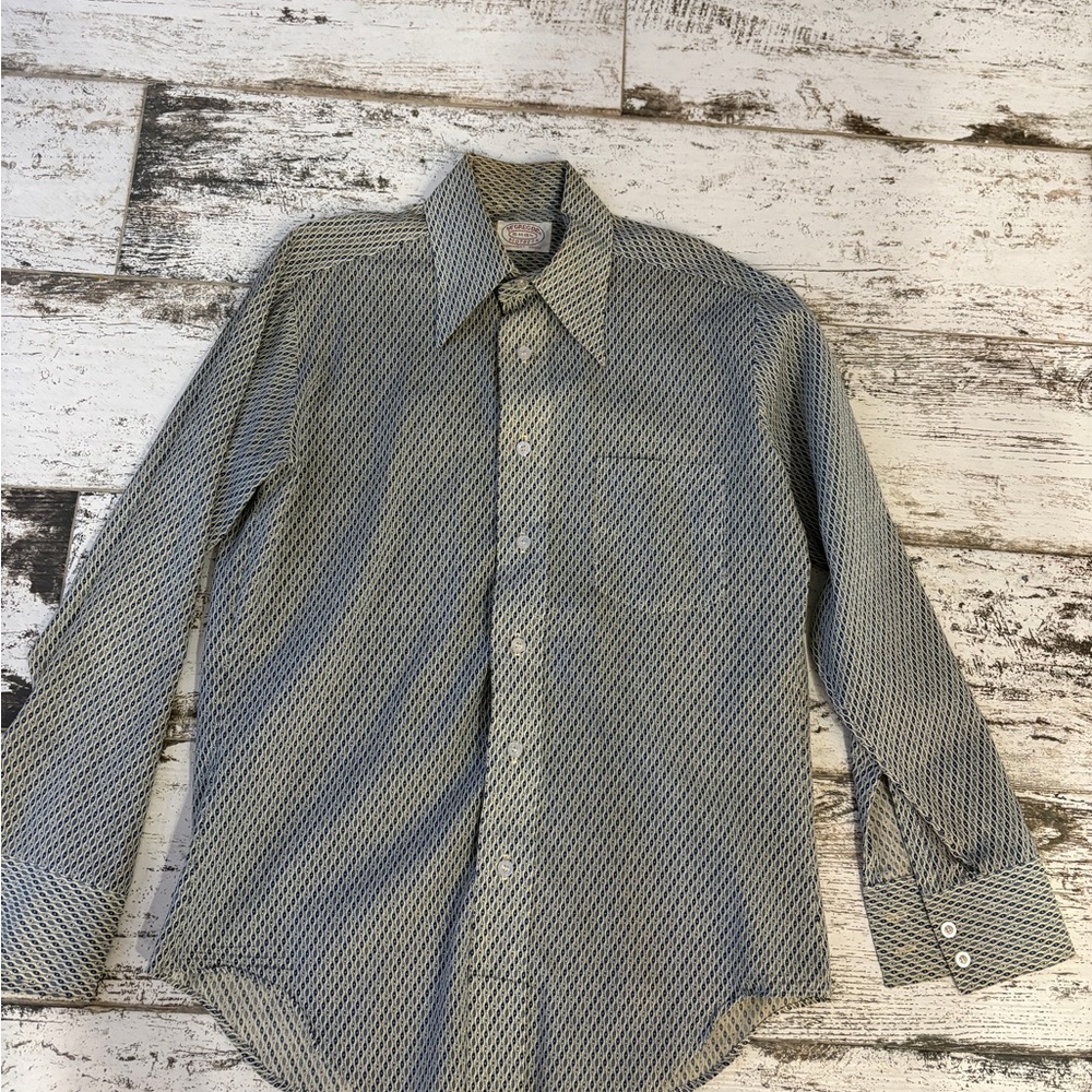 Men's Geometric Pattern Long-Sleeve Shirt - Gray/Blue Vintage 1970s